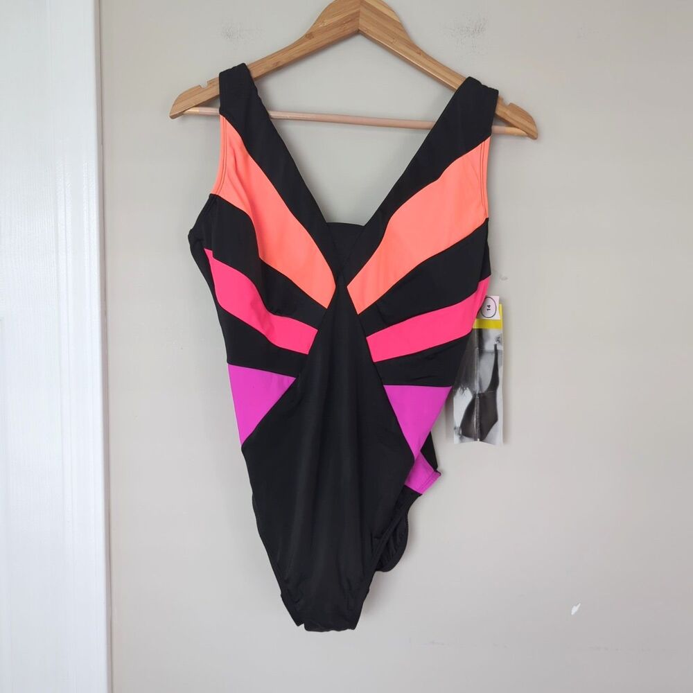 Longitude NWT Black Bright Pink Purple Colorblock V Neck Swimsuit Size 14